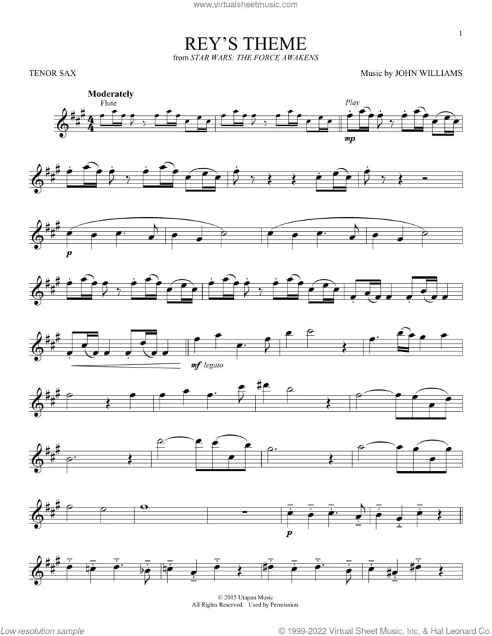 Rey's Theme (from Star Wars: The Force Awakens) sheet music for tenor saxophone solo by John Williams, intermediate skill level