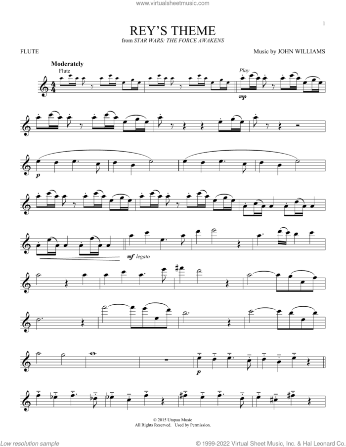 Rey's Theme (from Star Wars: The Force Awakens) sheet music for flute solo by John Williams, intermediate skill level