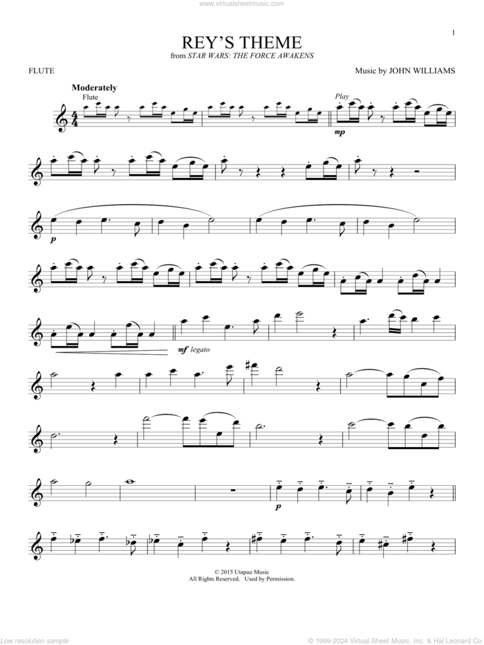 Rey's Theme (from Star Wars: The Force Awakens) sheet music for flute solo by John Williams, intermediate skill level