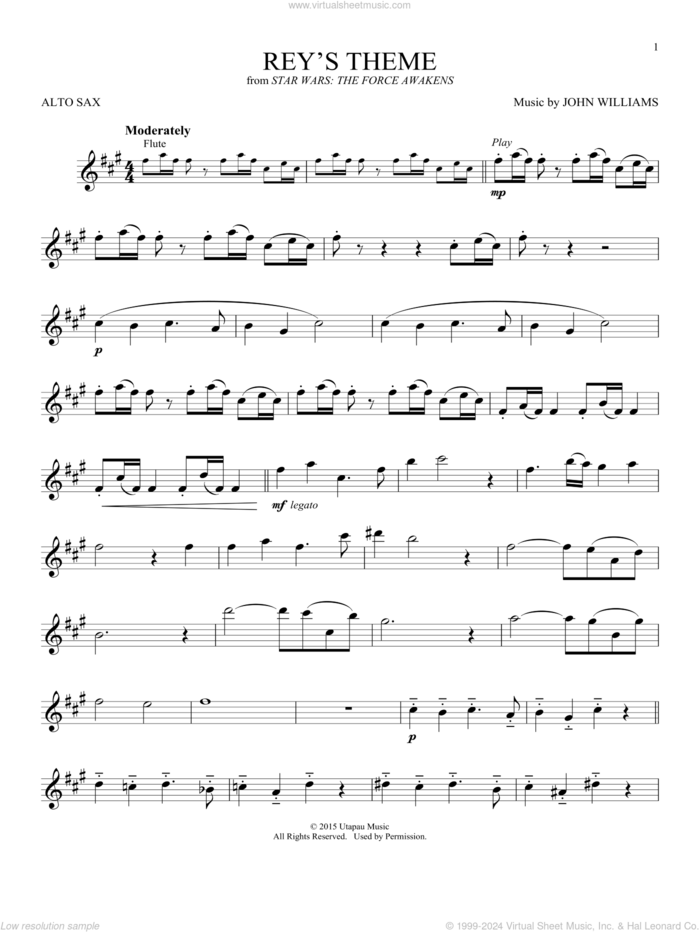 Rey's Theme (from Star Wars: The Force Awakens) sheet music for alto saxophone solo by John Williams, intermediate skill level