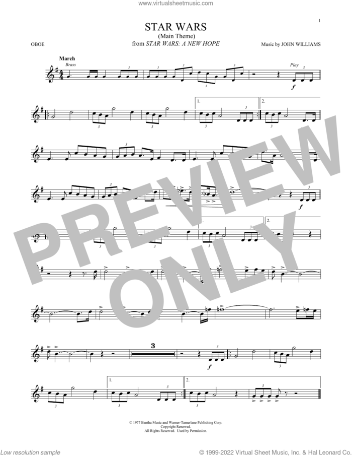 Star Wars (Main Theme) sheet music for oboe solo by John Williams, intermediate skill level