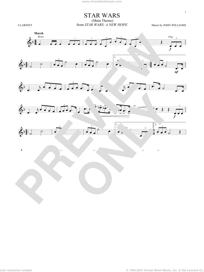 Star Wars (Main Theme) sheet music for clarinet solo by John Williams, intermediate skill level