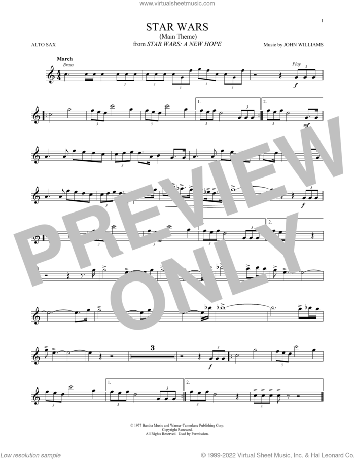 Star Wars (Main Theme) sheet music for alto saxophone solo by John Williams, intermediate skill level