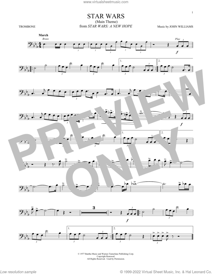 Star Wars (Main Theme) sheet music for trombone solo by John Williams, intermediate skill level