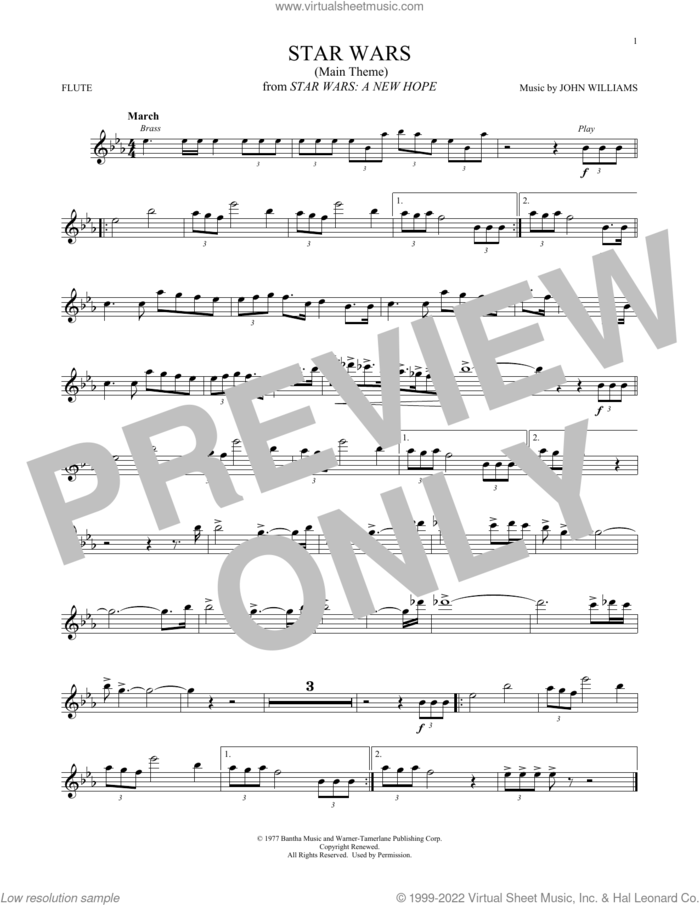 Star Wars (Main Theme) sheet music for flute solo by John Williams, intermediate skill level