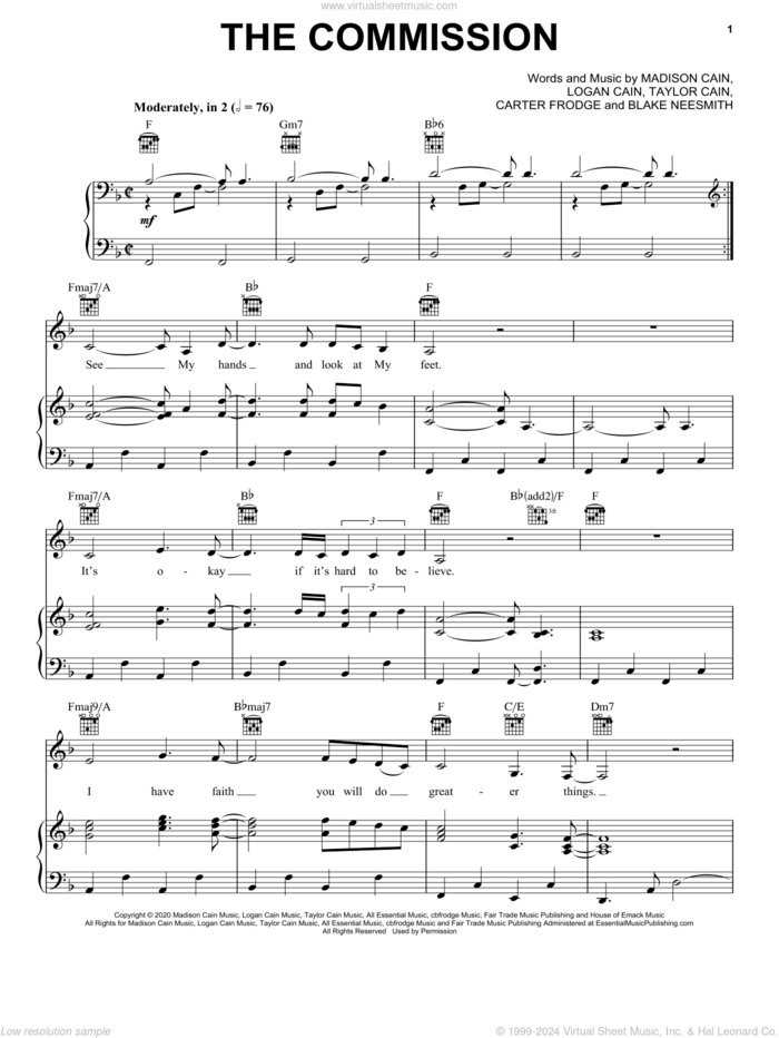 The Commission sheet music for voice, piano or guitar by CAIN, Blake Neesmith, Carter Frodge, Logan Cain, Madison Cain and Taylor Cain, intermediate skill level