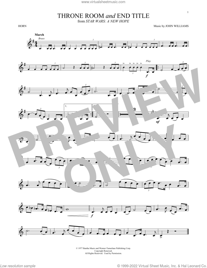 Throne Room and End Title (from Star Wars: A New Hope) sheet music for horn solo by John Williams, intermediate skill level