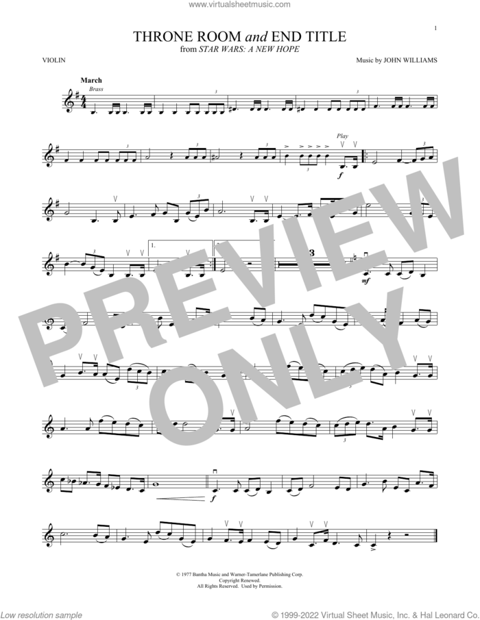 Throne Room and End Title (from Star Wars: A New Hope) sheet music for violin solo by John Williams, intermediate skill level