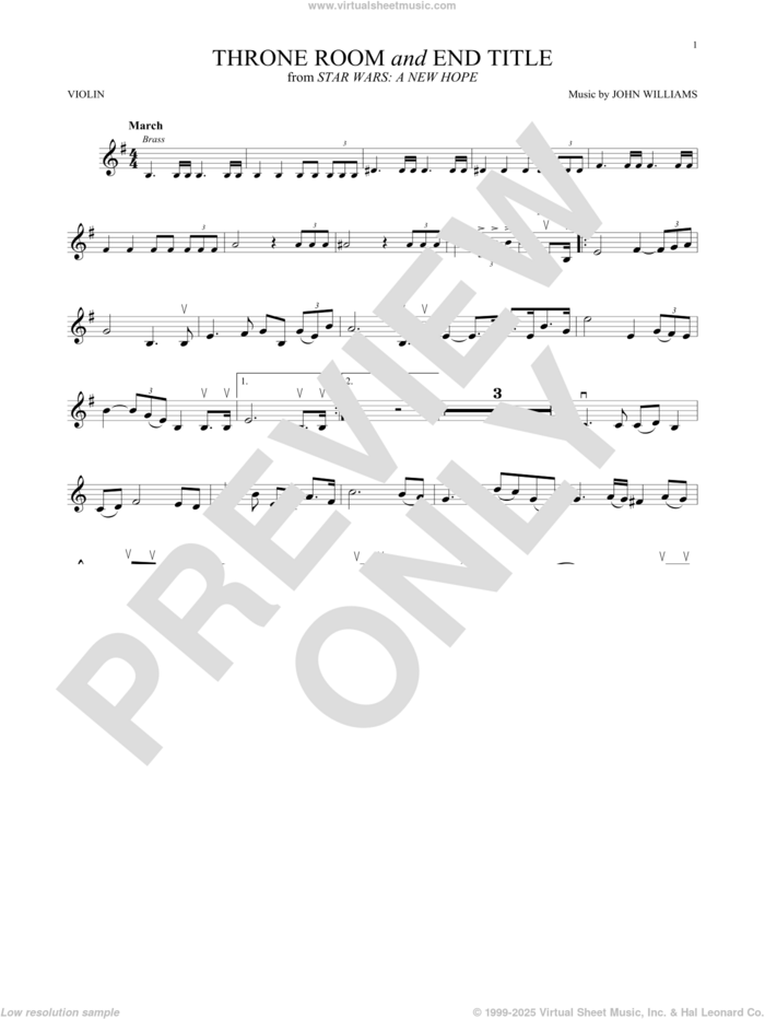 Throne Room and End Title (from Star Wars: A New Hope) sheet music for violin solo by John Williams, intermediate skill level