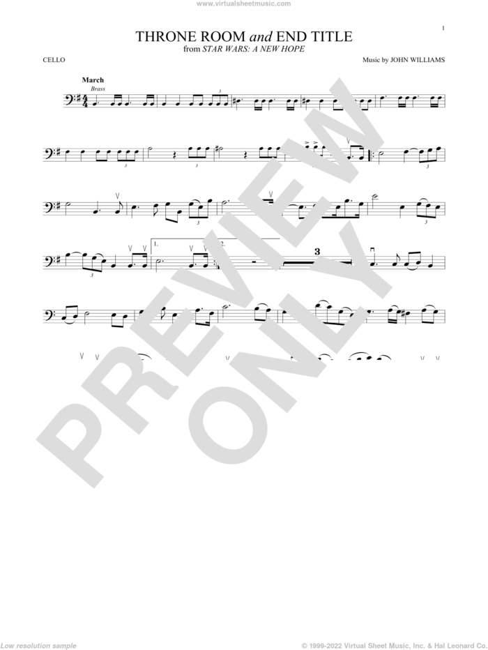 Throne Room and End Title (from Star Wars: A New Hope) sheet music for cello solo by John Williams, intermediate skill level