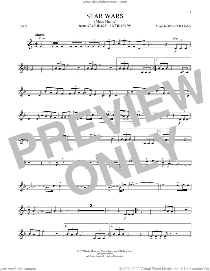 Star Wars (Main Theme) sheet music for horn solo by John Williams, intermediate skill level