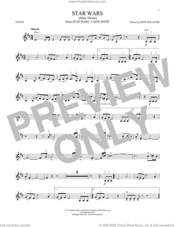 Star Wars (Main Theme) sheet music for violin solo by John Williams, intermediate skill level