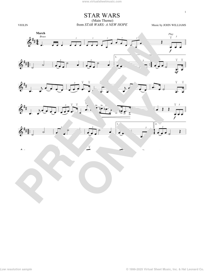 Star Wars (Main Theme) sheet music for violin solo by John Williams, intermediate skill level