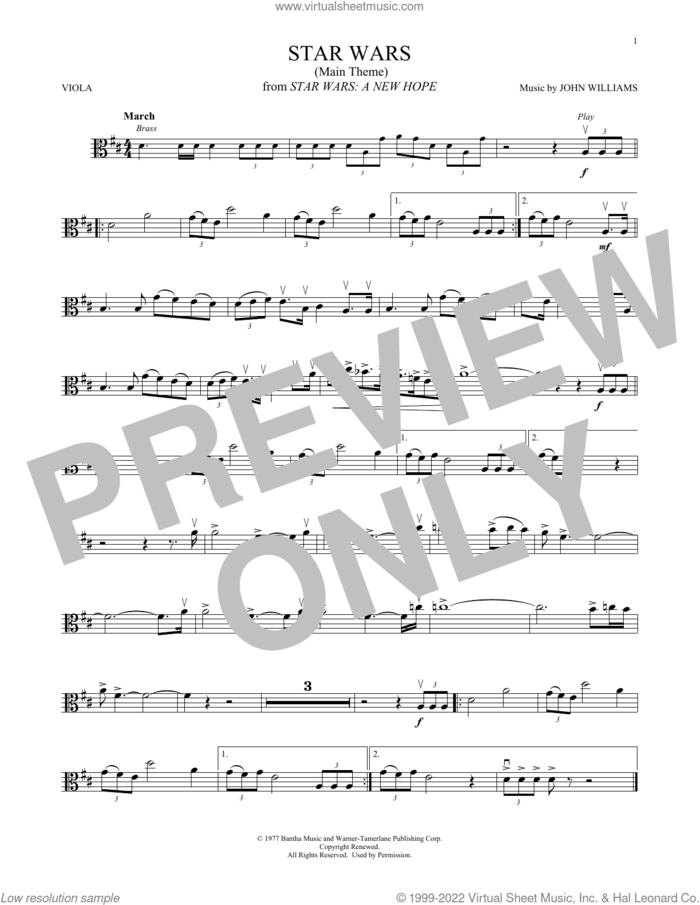 Star Wars (Main Theme) sheet music for viola solo by John Williams, intermediate skill level