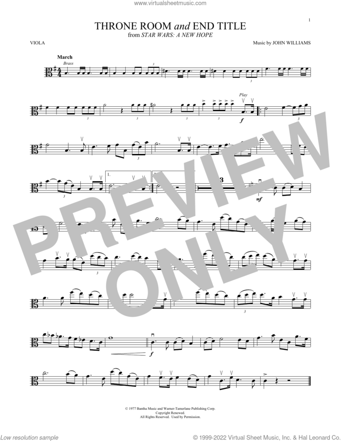 Throne Room and End Title (from Star Wars: A New Hope) sheet music for viola solo by John Williams, intermediate skill level