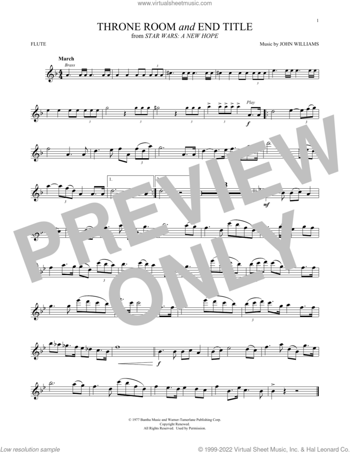 Throne Room and End Title (from Star Wars: A New Hope) sheet music for flute solo by John Williams, intermediate skill level
