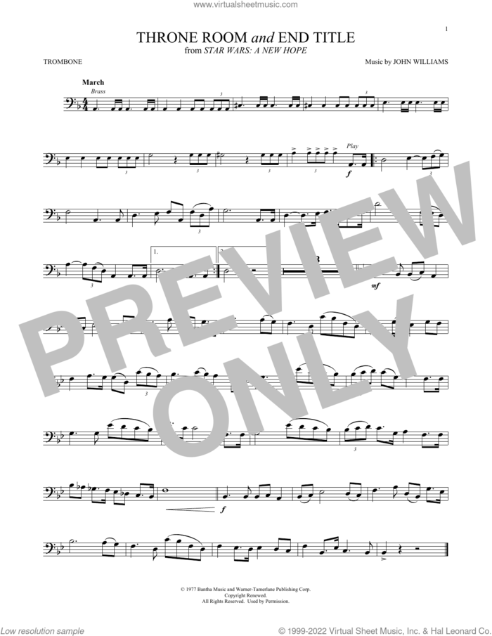 Throne Room and End Title (from Star Wars: A New Hope) sheet music for trombone solo by John Williams, intermediate skill level