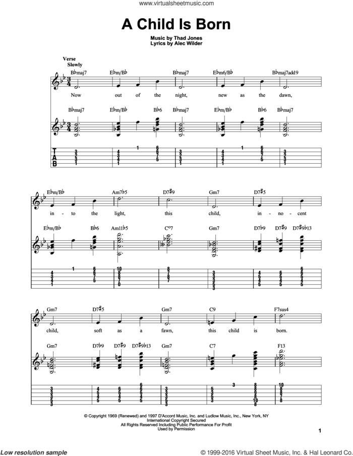 A Child Is Born sheet music for guitar solo (easy tablature) by Kenny Burrell, Alec Wilder and Thad Jones, easy guitar (easy tablature)