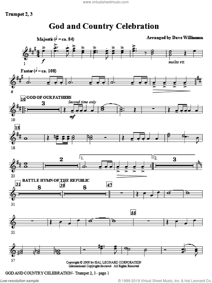 God And Country Celebration (Medley) sheet music for orchestra/band (Bb trumpet 2,3) by Dave Williamson, intermediate skill level