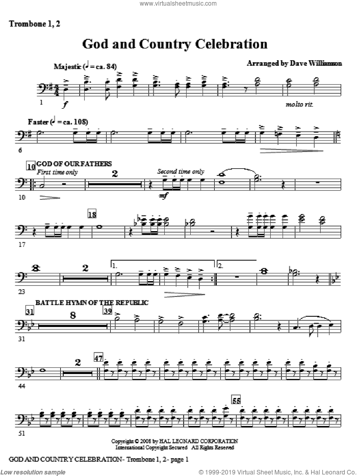 God And Country Celebration (Medley) sheet music for orchestra/band (trombone 1,2) by Dave Williamson, intermediate skill level