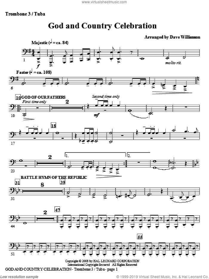 God And Country Celebration (Medley) sheet music for orchestra/band (trombone 3/tuba) by Dave Williamson, intermediate skill level