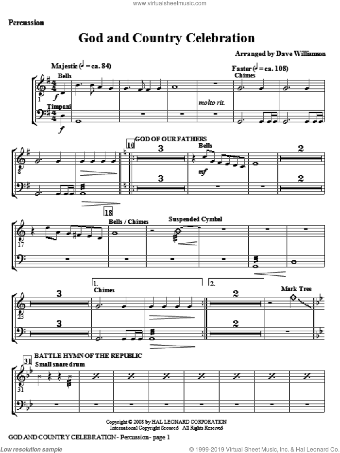 God And Country Celebration (Medley) sheet music for orchestra/band (percussion) by Dave Williamson, intermediate skill level