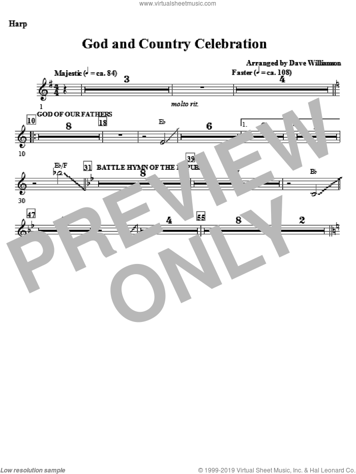 God And Country Celebration (Medley) sheet music for orchestra/band (harp) by Dave Williamson, intermediate skill level