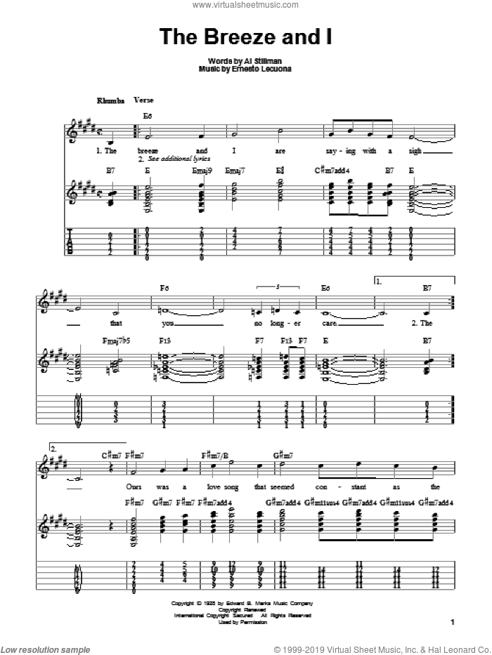 The Breeze And I sheet music for guitar solo (easy tablature) by Ernesto Lecuona and Al Stillman, easy guitar (easy tablature)