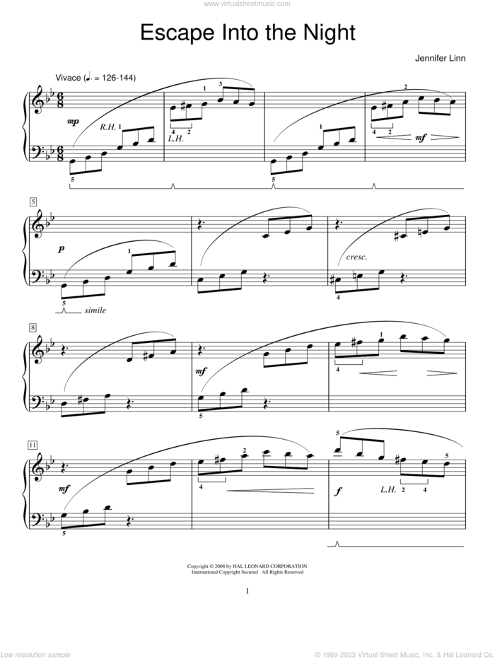 Escape Into The Night sheet music for piano solo (elementary) by Jennifer Linn and Miscellaneous, beginner piano (elementary)