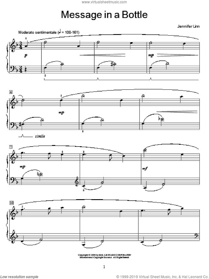 Message In A Bottle sheet music for piano solo (elementary) by Jennifer Linn and Miscellaneous, beginner piano (elementary)