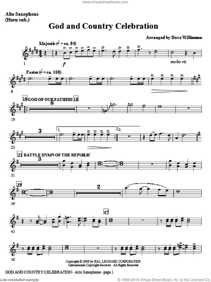 God And Country Celebration (Medley) sheet music for orchestra/band (tenor sax, trombone 2 sub) by Dave Williamson, intermediate skill level