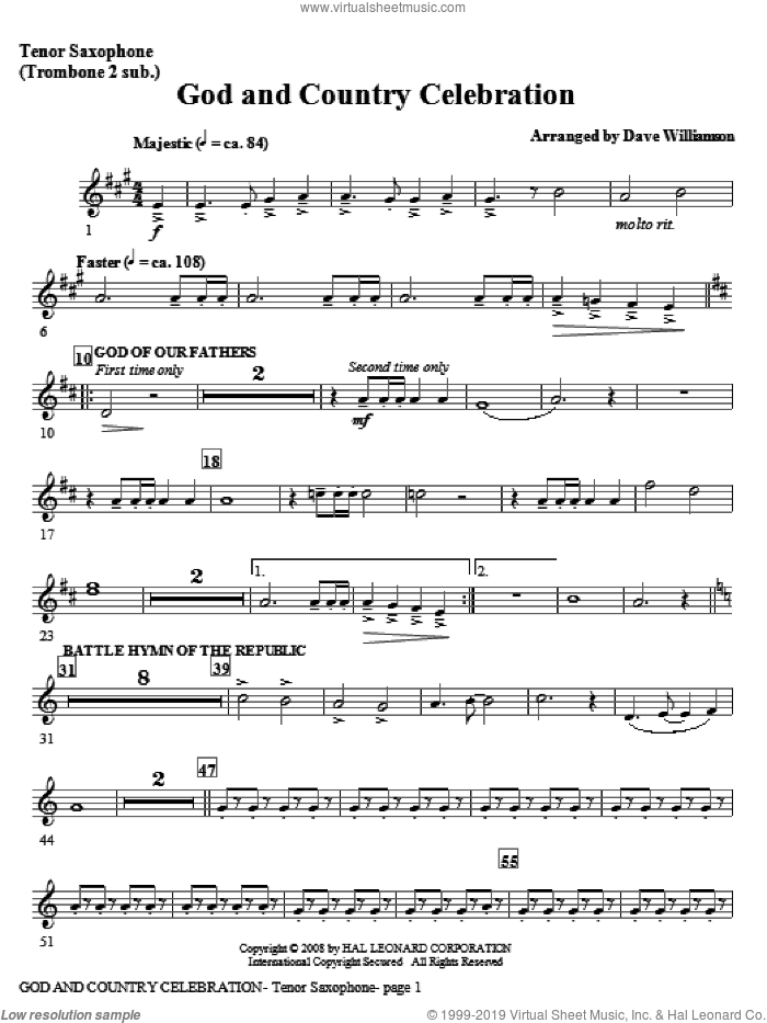 God And Country Celebration (Medley) sheet music for orchestra/band (bass clarinet, sub. tbn 3) by Dave Williamson, intermediate skill level