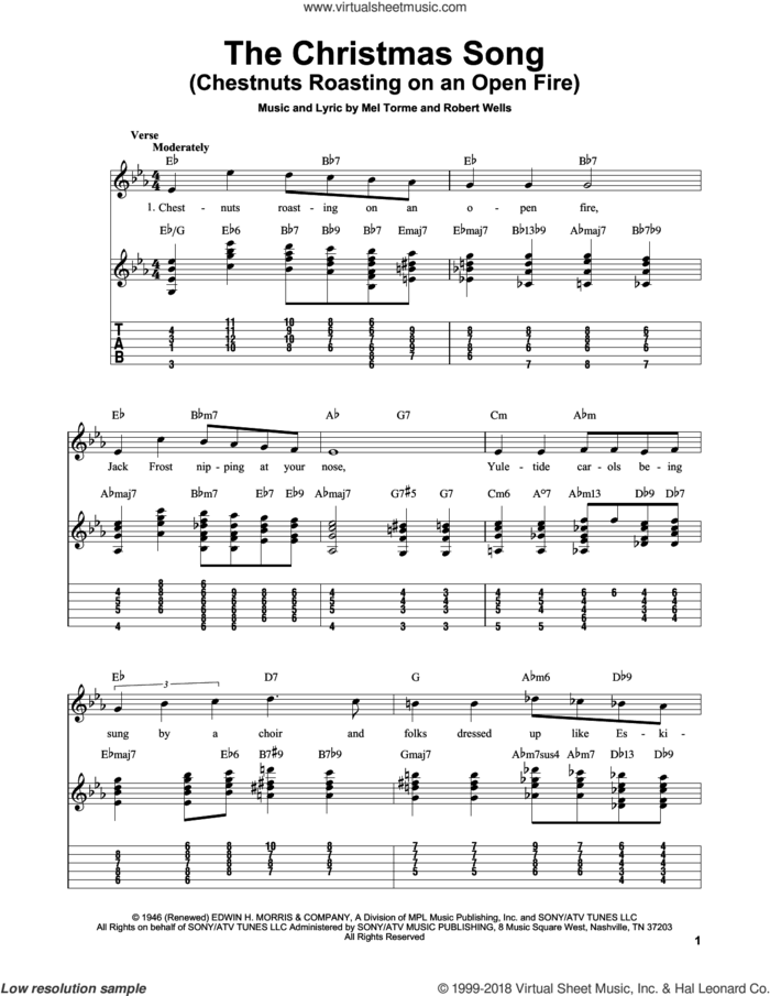 The Christmas Song (Chestnuts Roasting On An Open Fire) sheet music for guitar solo (easy tablature) by Mel Torme and Robert Wells, easy guitar (easy tablature)
