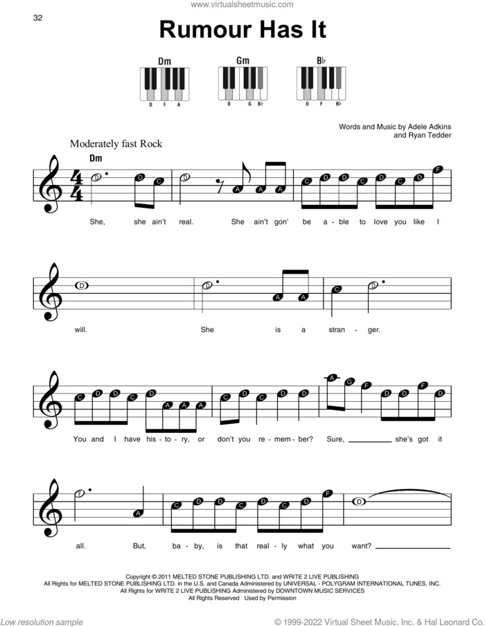 Rumour Has It sheet music for piano solo by Adele, Adele Adkins and Ryan Tedder, beginner skill level