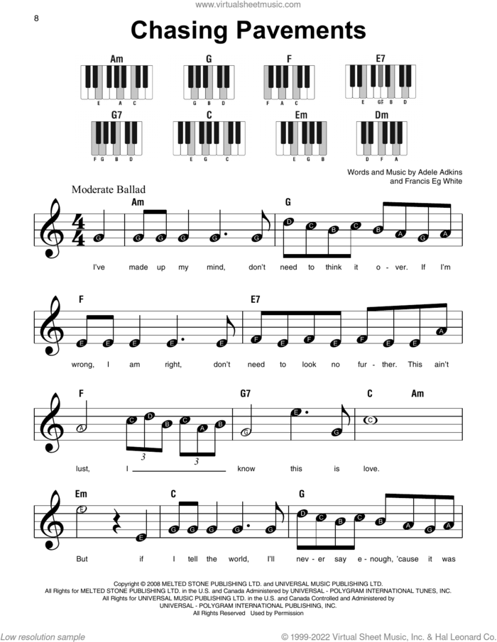 Chasing Pavements sheet music for piano solo by Adele, Adele Adkins and Francis White, beginner skill level