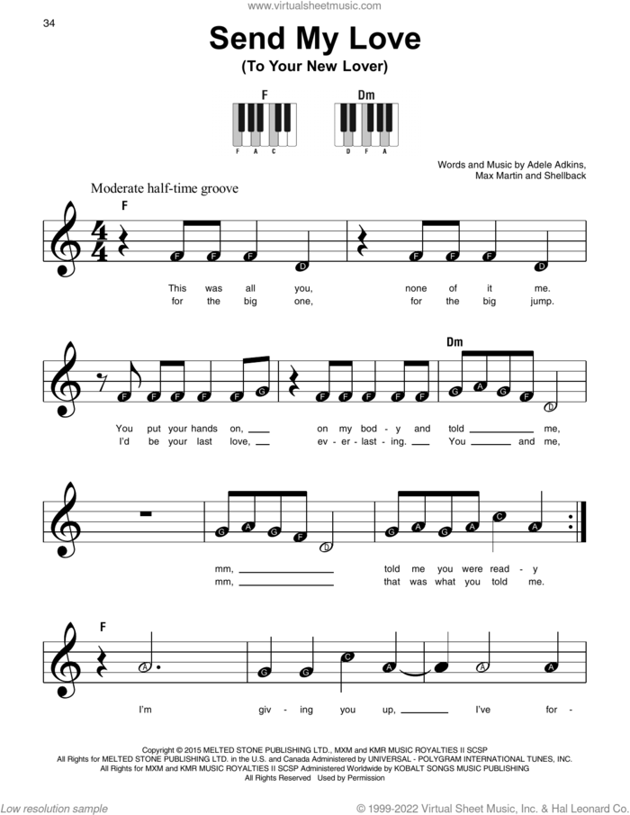 Send My Love (To Your New Lover), (beginner) (To Your New Lover) sheet music for piano solo by Adele, Adele Adkins, Max Martin and Shellback, beginner skill level