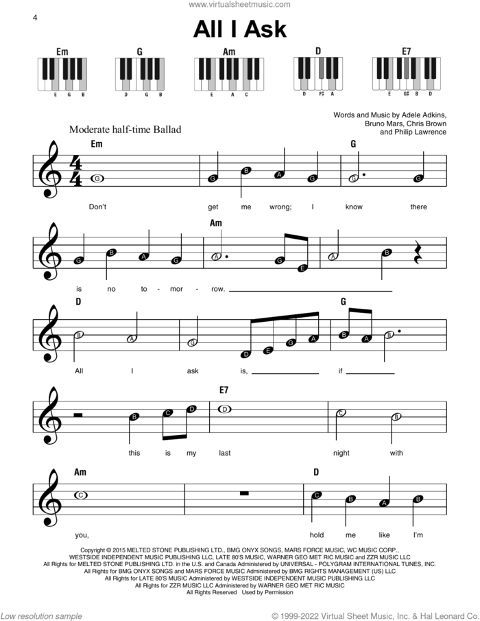 All I Ask sheet music for piano solo by Adele, Adele Adkins, Bruno Mars, Chris Brown and Philip Lawrence, beginner skill level