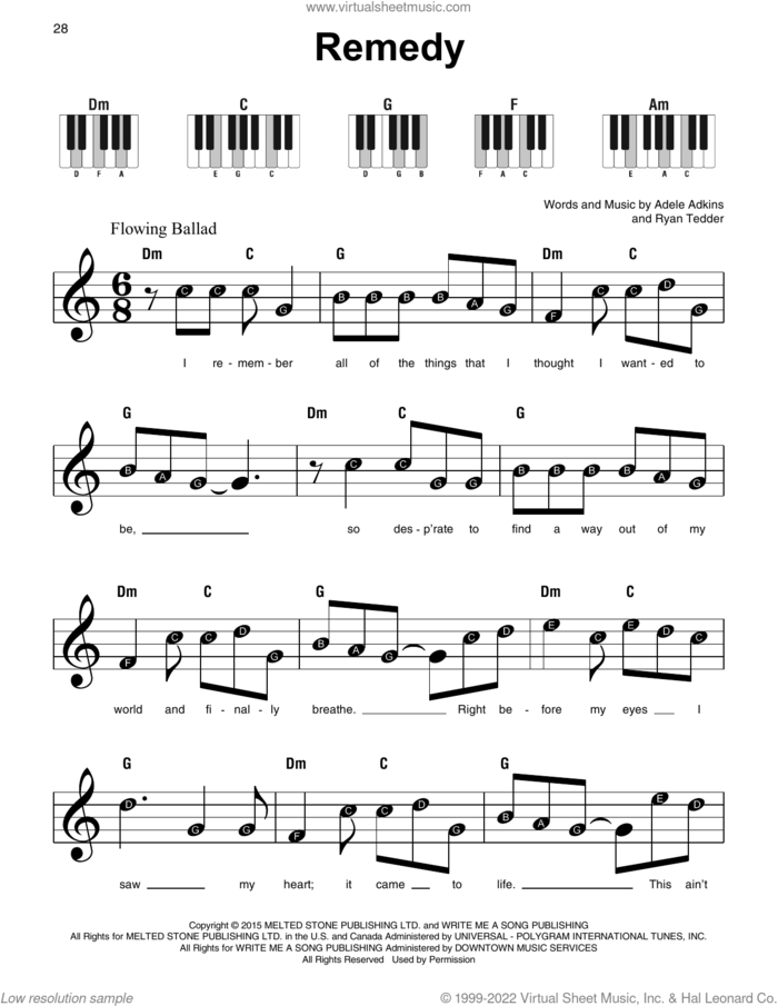 Remedy sheet music for piano solo by Adele, Adele Adkins and Ryan Tedder, beginner skill level