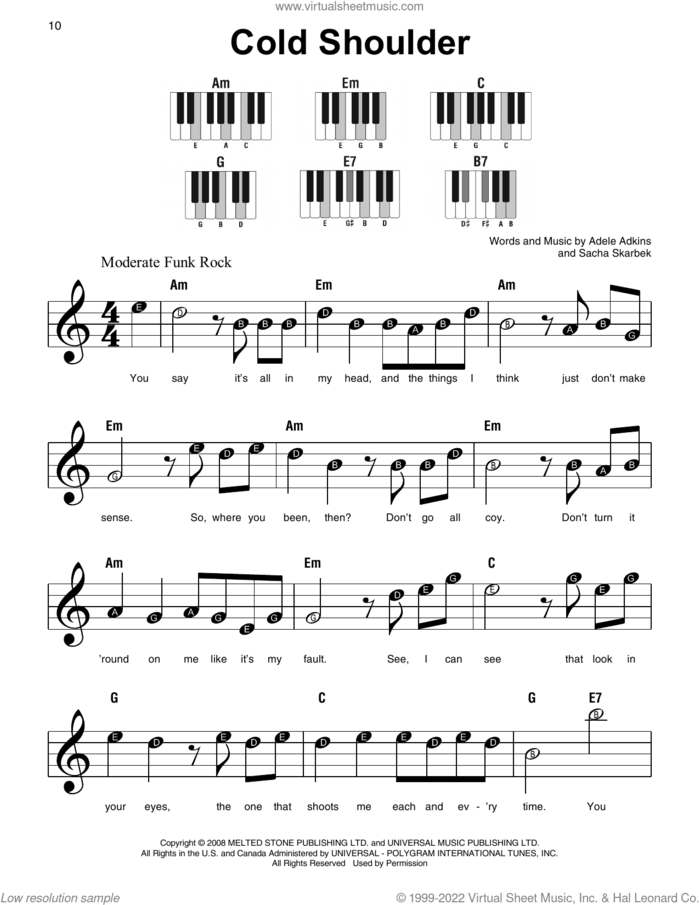 Cold Shoulder sheet music for piano solo by Adele, Adele Adkins and Sacha Skarbek, beginner skill level