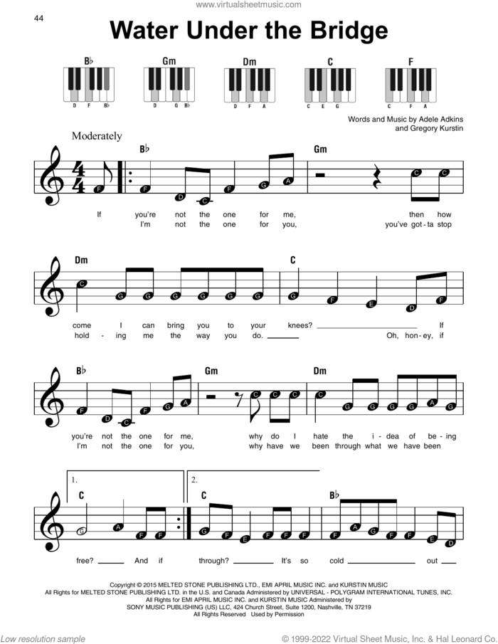Water Under The Bridge sheet music for piano solo by Adele, Adele Adkins and Gregory Kurstin, beginner skill level
