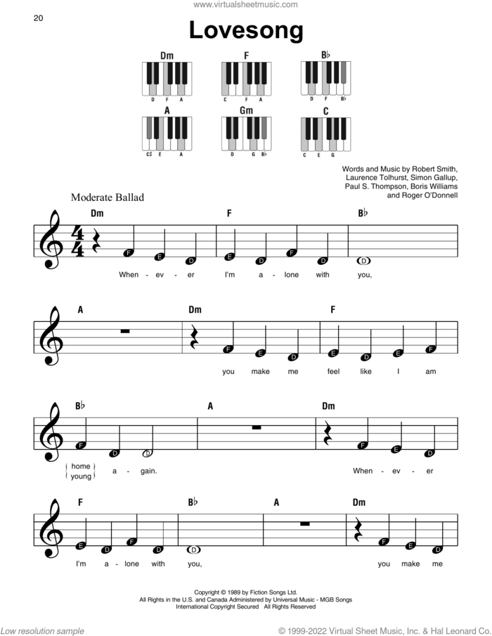 Lovesong, (beginner) sheet music for piano solo by Adele, The Cure, Boris Williams, Laurence Tolhurst, Paul S. Thompson, Robert Smith and Simon Gallup, wedding score, beginner skill level