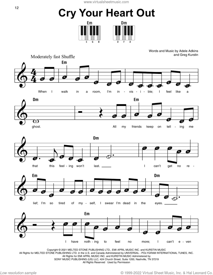 Cry Your Heart Out, (beginner) sheet music for piano solo by Adele, Adele Adkins and Greg Kurstin, beginner skill level