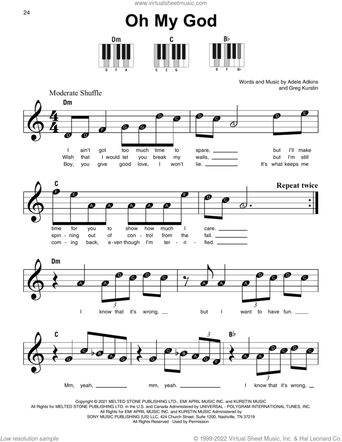 Oh My God sheet music for piano solo by Adele, Adele Adkins and Greg Kurstin, beginner skill level