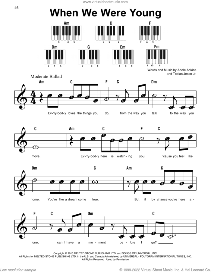When We Were Young sheet music for piano solo by Adele, Adele Adkins and Tobias Jesso Jr., beginner skill level