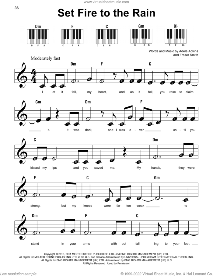 Set Fire To The Rain sheet music for piano solo by Adele, Adele Adkins and Fraser T. Smith, beginner skill level