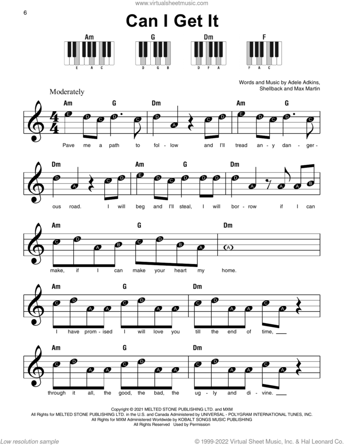 Can I Get It sheet music for piano solo by Adele, Adele Adkins, Max Martin and Shellback, beginner skill level
