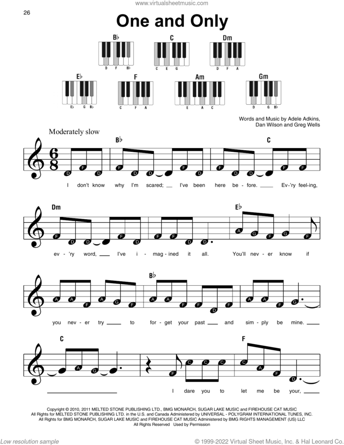 One And Only, (beginner) sheet music for piano solo by Adele, Adele Adkins, Dan Wilson and Greg Wells, beginner skill level