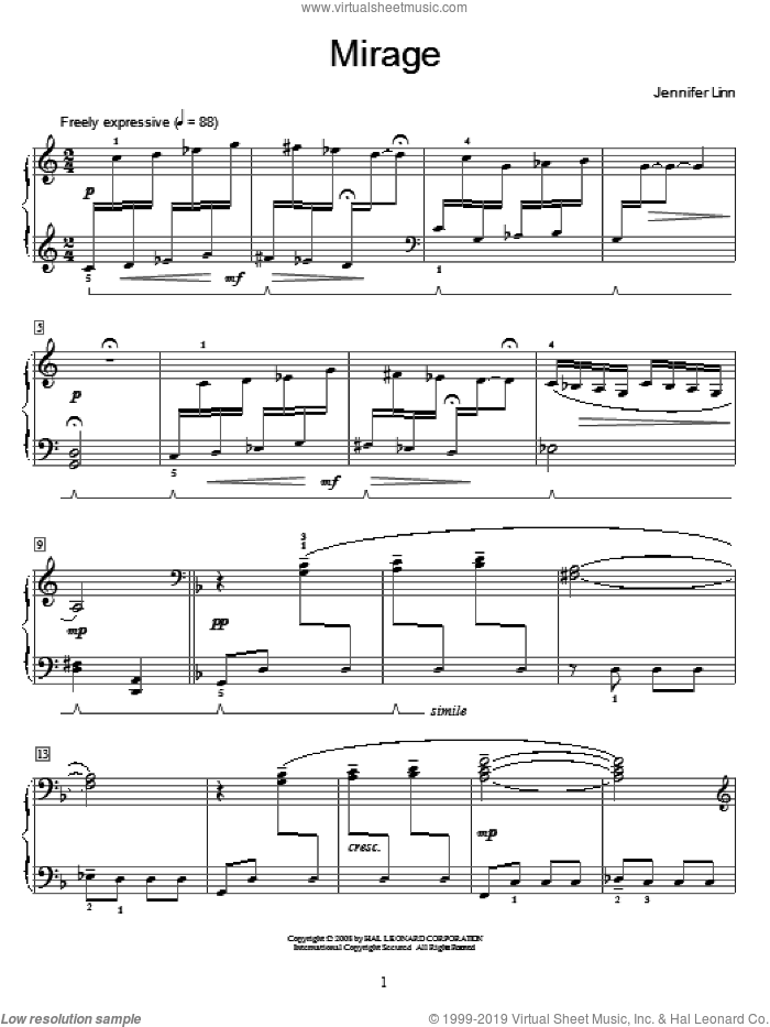 Mirage sheet music for piano solo (elementary) by Jennifer Linn and Miscellaneous, beginner piano (elementary)