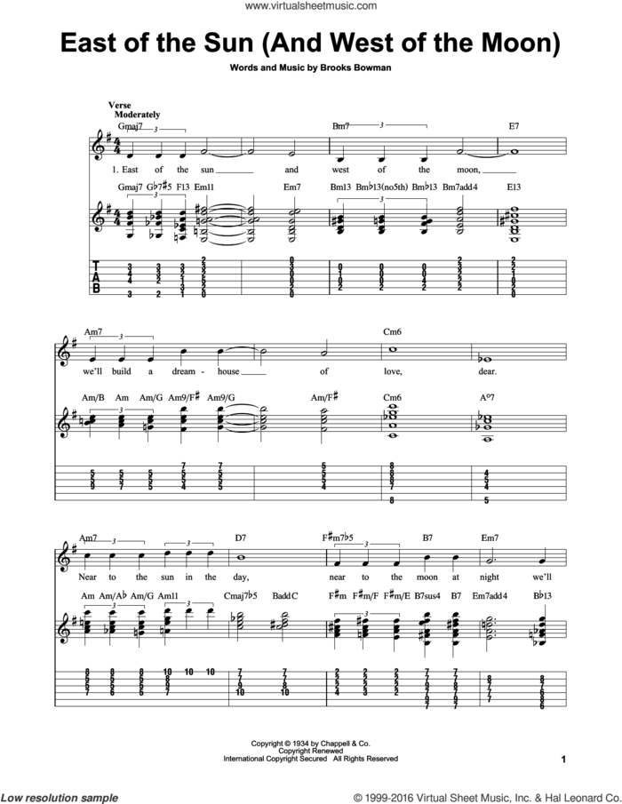 East Of The Sun (And West Of The Moon) sheet music for guitar solo (easy tablature) by Brooks Bowman, easy guitar (easy tablature)