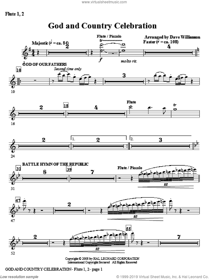 God And Country Celebration (Medley) sheet music for orchestra/band (flute 1,2) by Dave Williamson, intermediate skill level